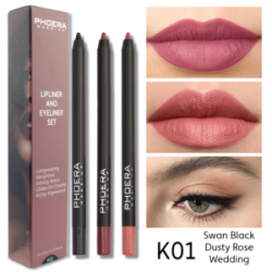 Matte Lip Liner &amp; Eyeliner Kit With Phoera Makeup Pencil Sharpener